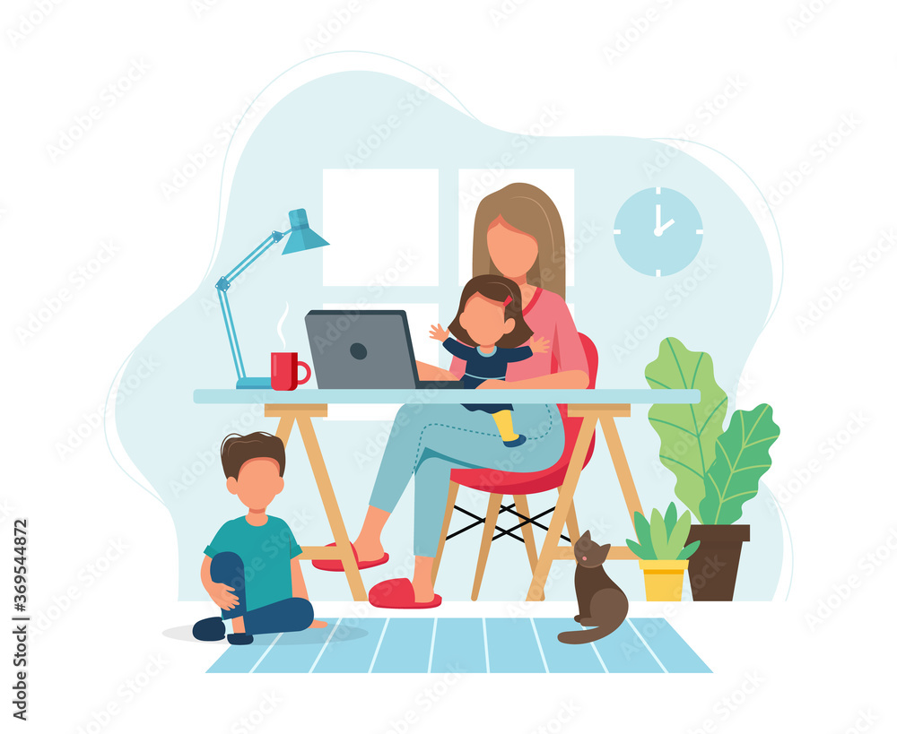 Home office concept. Woman working from home with kids in cozy modern interior. illustration in flat style