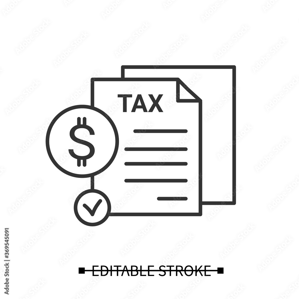 Tax report icon. Profit or income annual declaration linear pictogram with dollar sign. Concept of taxation, financial audit, personal taxes review and accounting. Editable stroke vector illustration Tax report icon. Profit or income annual declaration linear pictogram with dollar sign. Concept of taxation, financial audit, personal taxes review and accounting. Editable stroke vector illustration
