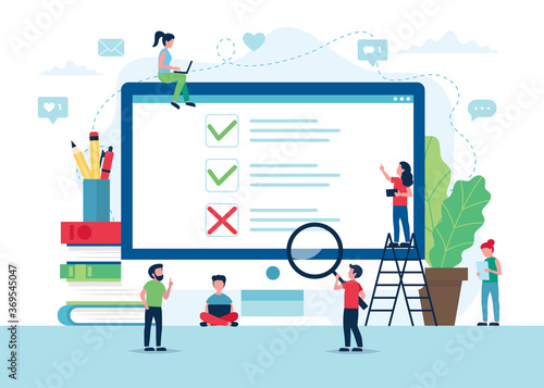Survey of customer satisfaction. Screen with ticks and crosses. Small people characters. illustration in flat style