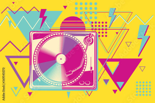 80s disco funky colorful music design - turntable