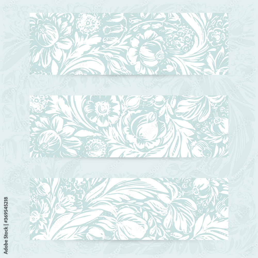 Hand drawn floral horizontal banners with roses, dahlia, poppy