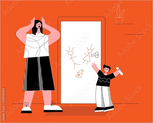Upset exhausted mother with naughty kids. Brawl in the Family.The negative aspects of family relationships.