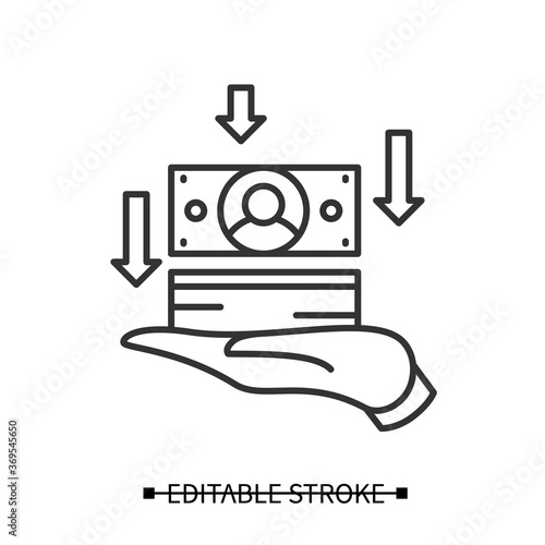 Money handed icon. Dividend or payment linear pictogram. Dollar bills on palm with stock trend arrows. Concept of stock market and securities profit. Editable stroke vector illustration