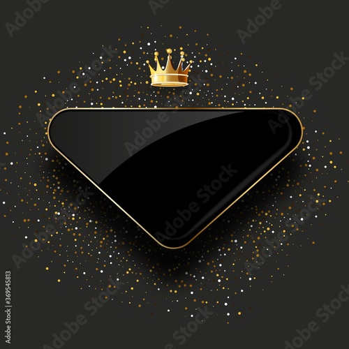 black glass label with golden crown isolated on black background.