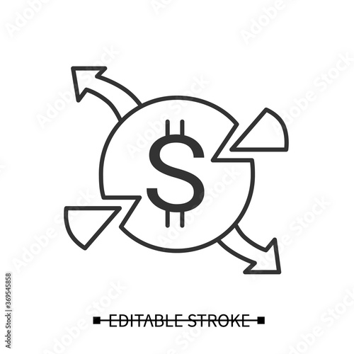Expenses icon. Dollar sign round line pictogram. Concept of production and marketing cost share, business project financial analytics, price formation and planing. Editable stroke vector illustration