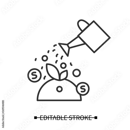 Investment icon. Plant watering linear pictogram. Concept of fund raising, capital growth and financial profit. Editable stroke vector illustration for personal banking and accounting