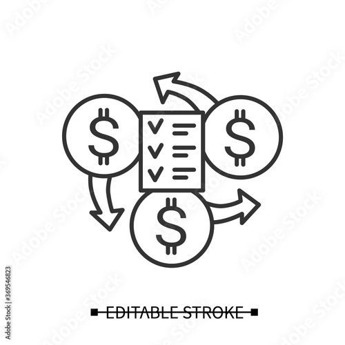 Financial management icon. Cash flow and budget checklist linear pictogram. Personal and business accounting, income, expenses and taxes planning concept. Editable stroke vector illustration