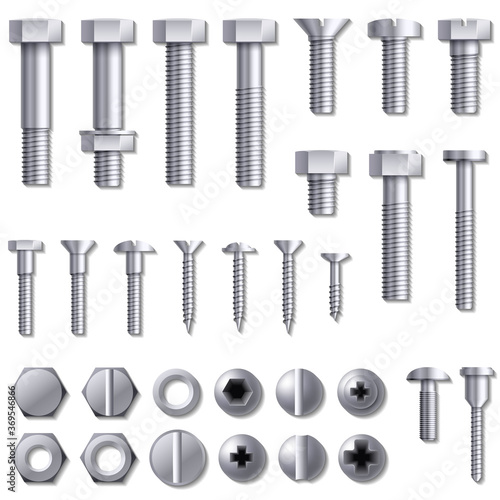 Construction hardware. Screws, bolts, nuts and rivets. Equipment stainless, metalli fix gear, set illustration 