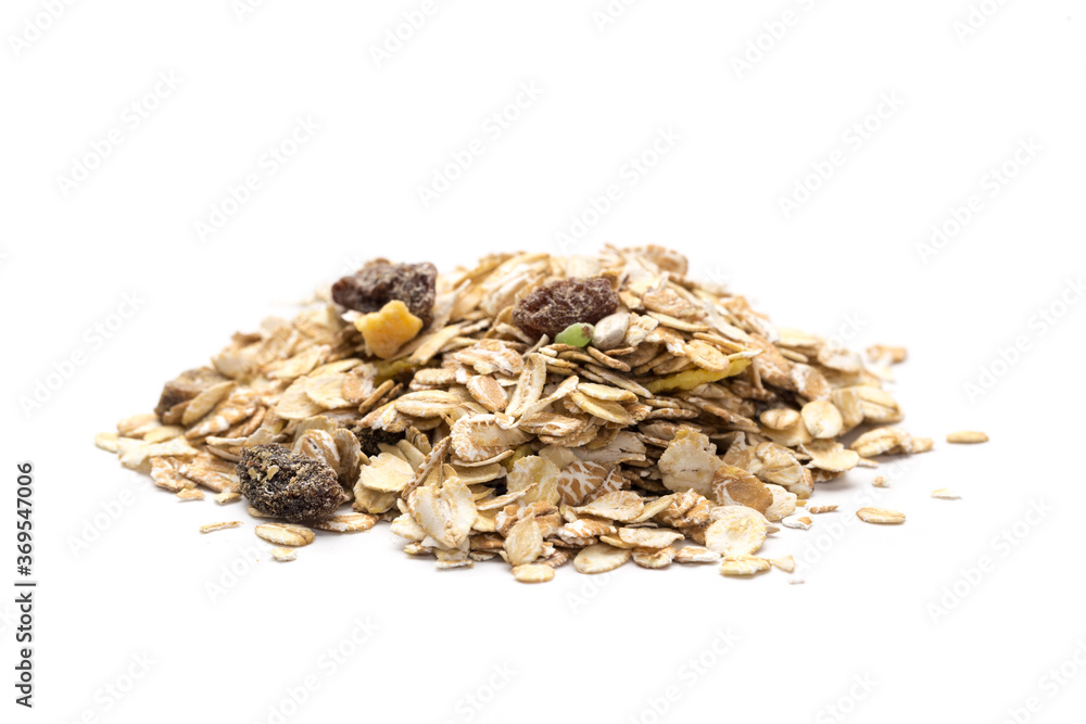 oatmeal with raisins, coconut, pineapple and banana slices isolated on a white background. For packing oatmeal or granola. oatmeal with raisins, coconut, pineapple and banana slices isolated on a white background. For packing oatmeal or granola.