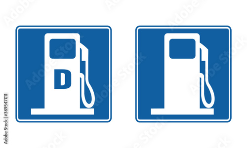 Gas station road sign set. Gas pump with diesel. Vector illustration of informative traffic signs isolated on white background.