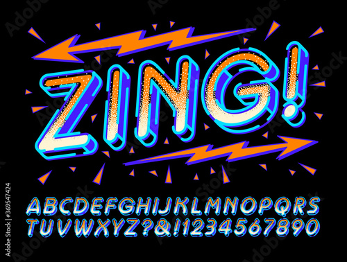 Zing! is a Happy and Fun Vector Alphabet. This Festive Layered Lettering Font is Good for Parties, Birthdays, Greeting Cards, Banners and Posters.