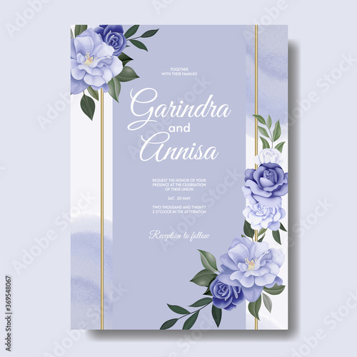 Elegant wedding invitation card template with romantic blue  floral and leaves  Premium Vector