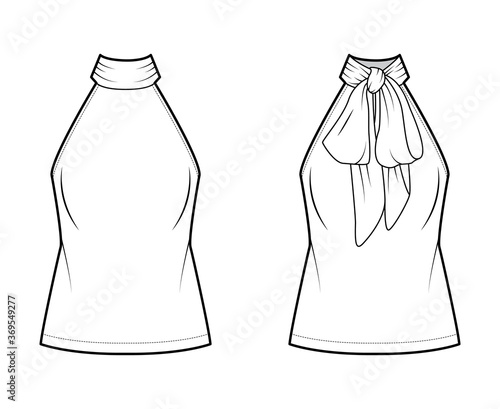 Halterneck top technical fashion illustration with semi-fitted body, ties pussy-bow at neck, sleeveless. Flat blouse apparel template front, back, white color. Women, men unisex shirt CAD mockup