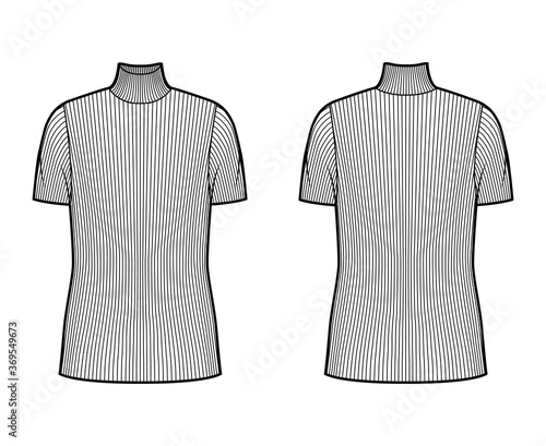 Turtleneck ribbed-knit sweater technical fashion illustration with short rib sleeves, oversized body, tunic length. Flat sweater apparel template front back white color. Women men unisex shirt top CAD