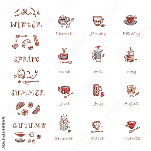 Vector template. Times of year. Four seasons and months, the template for creating a calendar with Doodle Coffee or Tea Cups and Different additives for tea drinking
