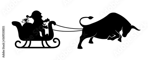 Santa Claus rides in a sleigh pulled by a bull. Symbol of the new year 2021. Silhouette on a white background. Christmas icon