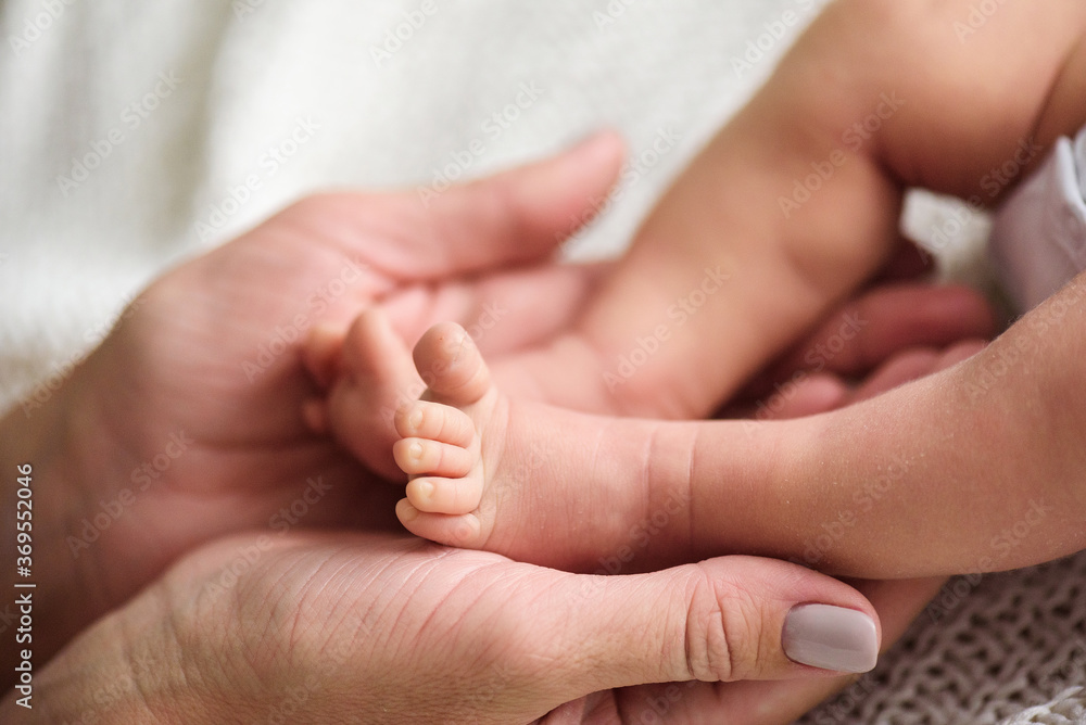 a mother holds the legs of her newborn baby in her hands. close up a mother holds the legs of her newborn baby in her hands. close up