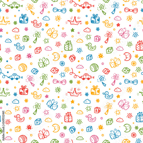 Vector Seamless pattern with doodle Toys. Kids background. Childhood Endless wallpaper. 