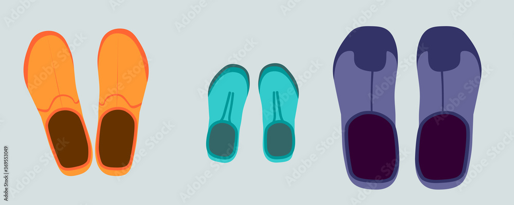 three pairs of rubber boots. orange womens, blue childrens, purple mens. view from above. flat style three pairs of rubber boots. orange womens, blue childrens, purple mens. view from above. flat style
