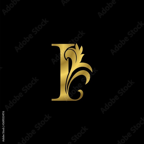 Golden I Initial Letter Luxurious logo icon, vintage luxury vector design concept outline alphabet letter with floral leaf gold color for luxuries business.