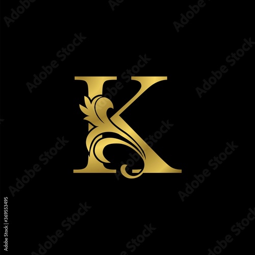 Golden K Initial Letter Luxurious logo icon, vintage luxury vector design concept outline alphabet letter with floral leaf gold color for luxuries business.