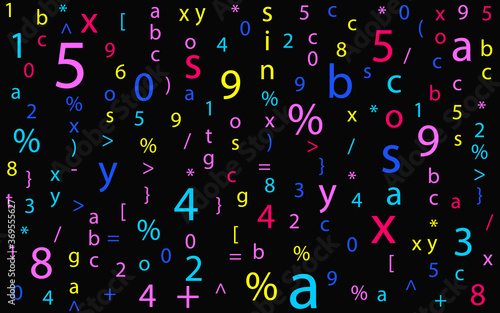 Abstract bright colored mathematical signs of algebra and geometry on a black background. Template for advertising, booklets, training leaflets. Vector graphic.