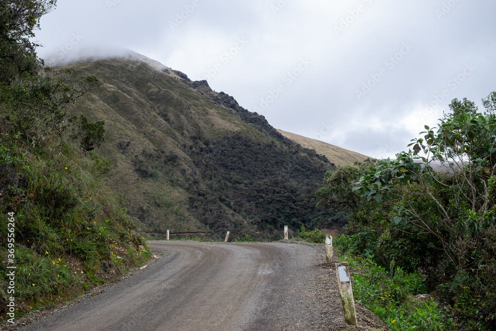 Road PE-8B from Leymebamba to Balsas. Unpaved one lane road with hardpin turn ahead.