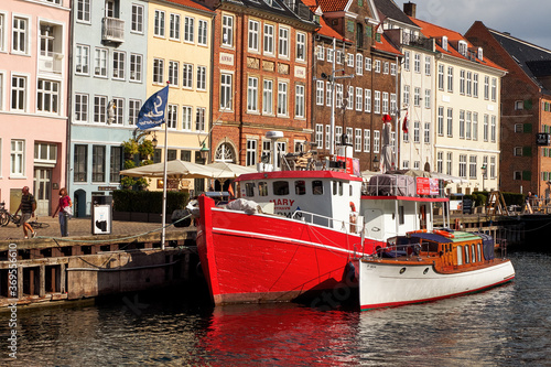 Denmark. Copenhagen. Colorful embankment Nyhavn. Bright houses and ships. September 19, 2018