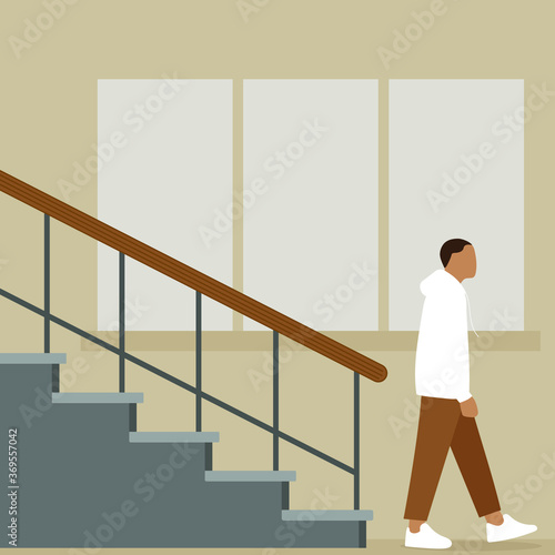 The male character went down the stairs and leaves