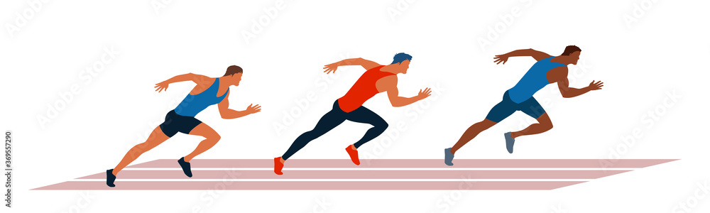 Athletes run through the stadium. Race of athletes. Young men are jogging in the fresh air. Vector flat design illustration. Sport competition between running men.