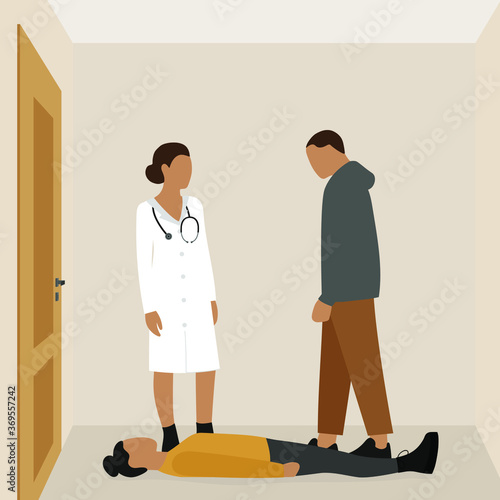 Female character lying on the floor, male character and doctor in empty room with closed door