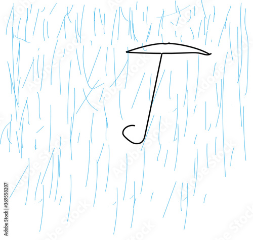 Child's drawing. Lovely squiggles. It's raining. An umbrella is flying. Drops dripping