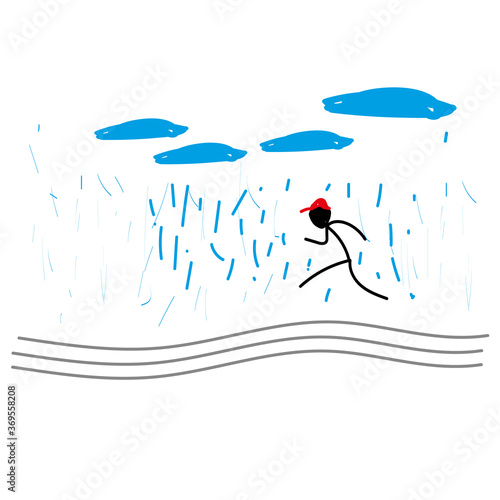 Children's doodles. A man runs in the rain. Suitable for books, pictures, pages