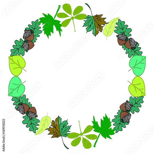 A wreath of autumn leaves and acorns. Beautiful, yellow, green. Autumn. For printing on cards, backgrounds, notebooks, T-shirts, stationery, prints