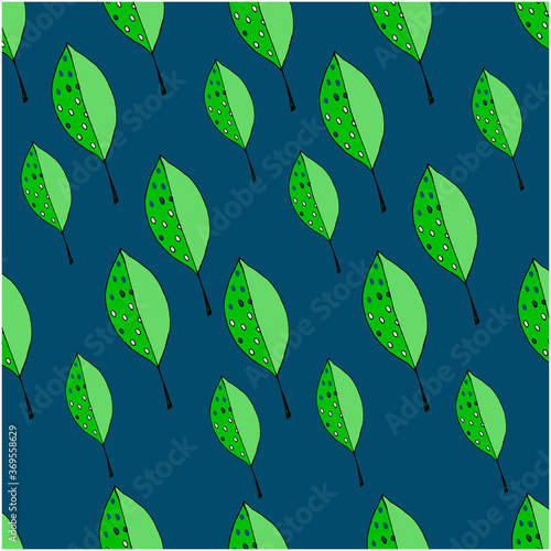 Seamless bright blue pattern with green leaves. Suitable for notebooks, textiles, backgrounds
