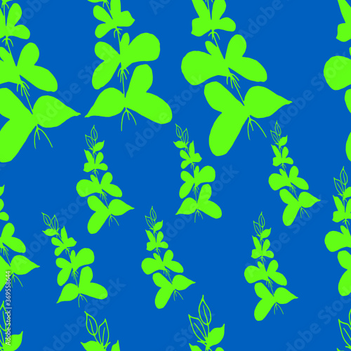 Seamless bright blue pattern with green leaves. Suitable for notebooks, textiles, backgrounds