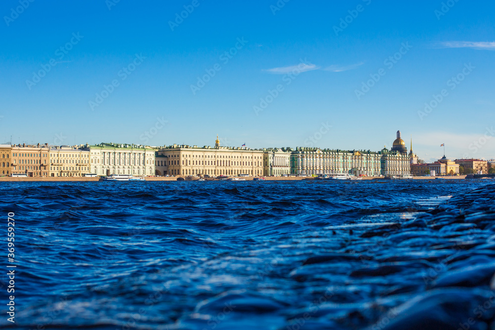 Sunny day and blue sky and river. Russia Saint Petersburg Neva river