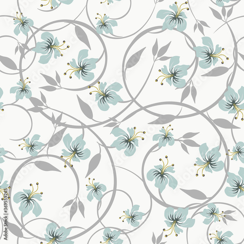 Vector floral seamless pattern. Elegant vintage ornament with pretty flowers, curly branches, leaves, twigs. Liberty style wallpapers. Blue, white and gray color. Abstract background. Repeat design