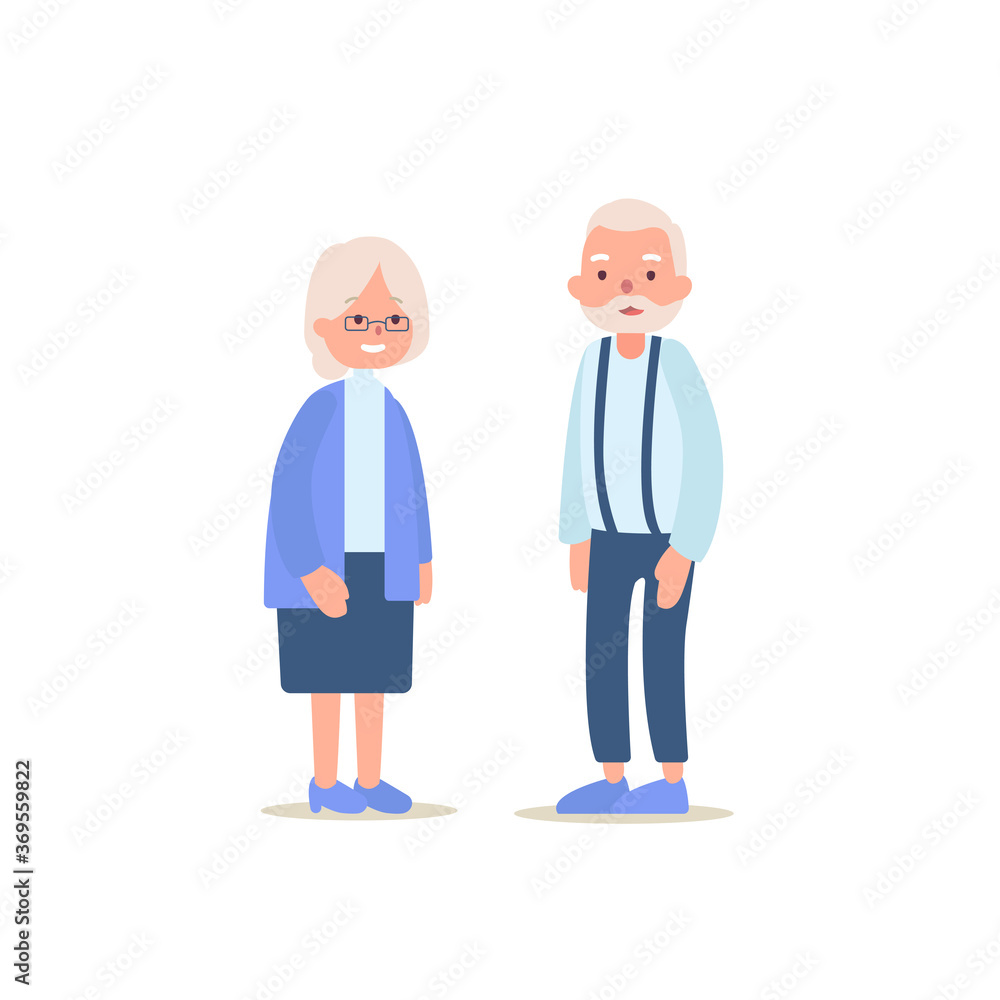 Old woman and old man standing together on a white background. Grandmother and grandfather together. Elderly couple Old woman and old man standing together on a white background. Grandmother and grandfather together. Elderly couple