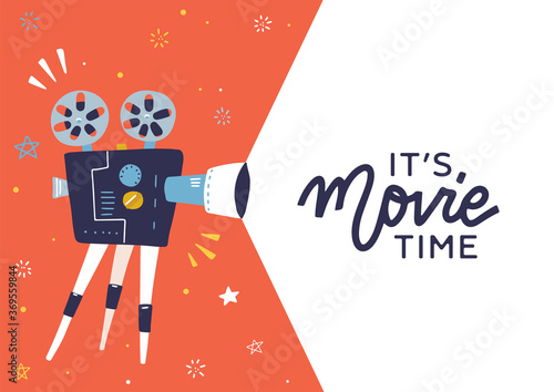 Trendy movie time concept layout with film projector and text area withlettring quote - It's movie time. Cool cinema poster, leaflet or banner template with detailed retro projector with film reels.