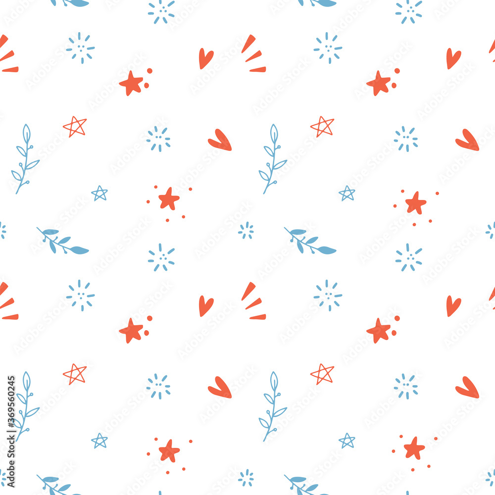 Seamless additional pattern for movie theme in vector abstract design in trend colours with stars, leaves, hearts. Cartoon doodle flat Vector Illustration.