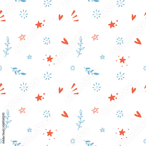 Seamless additional pattern for movie theme in vector abstract design in trend colours with stars, leaves, hearts. Cartoon doodle flat Vector Illustration.