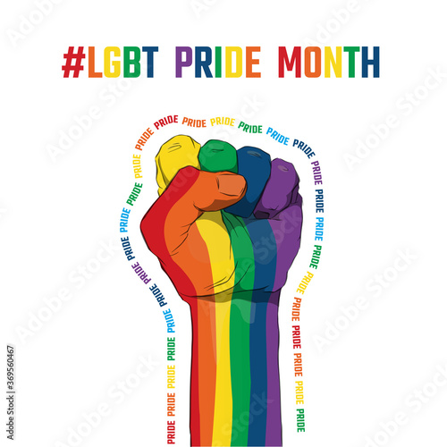 Raised fist with colors of LGBT flag for liberty and tolerance on a white background. LGBT pride month