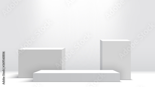 White podium. Pedestal. Scene. Boxes. Vector illustration.