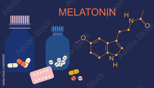 Melatonin tablets with hormone chemical formula. Insomnia concept. Night time and sleep disorder. Addiction of pills,hypochondria.Stress, nervous strain.Sleepless problem.Medicine diffuser.Flat vector