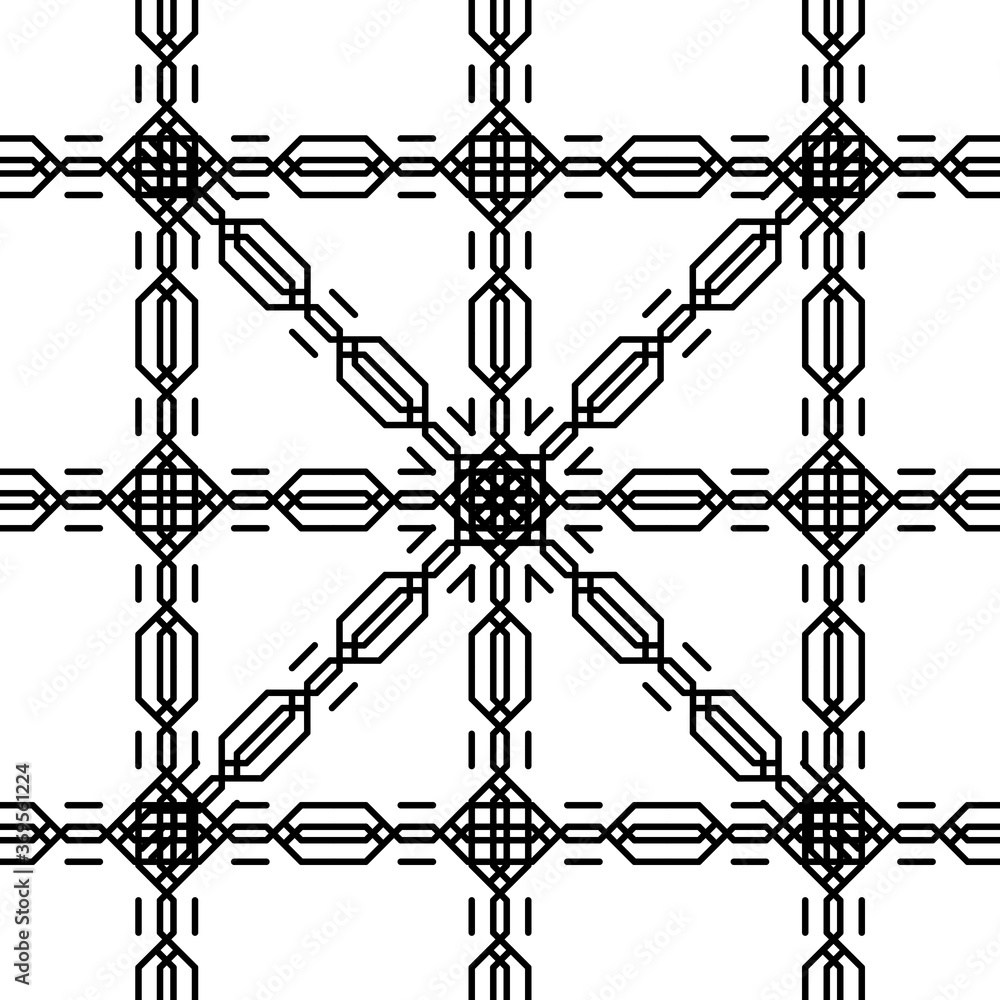 Variants of the braided pigtail pattern are made on grid cells on a white background. Knitted pigtail pattern, makes squares, circles and other geometric shapes.