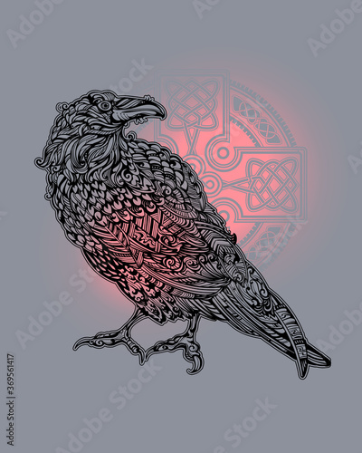 Odin's Celtic Raven. Scandinavian tattoo. Runic symbols in the Old Norse language mean Raven. Trixel, Celtic cross, Gungir and knots. Vector illustration of Scandinavian myths