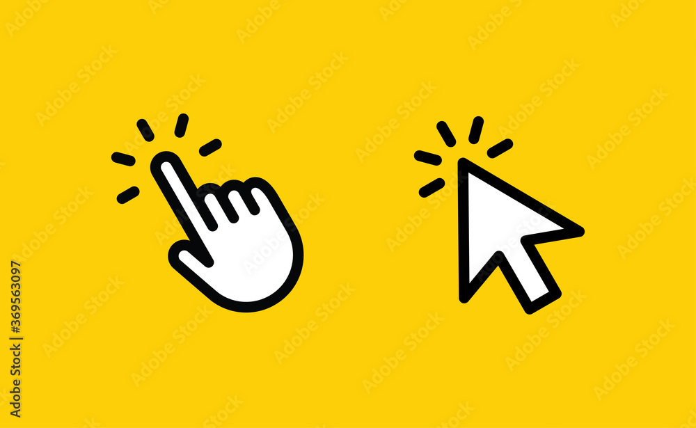 Hand and arrow clicking pointers. Click icons. Hand and arrow clicking pointers. Click icons.