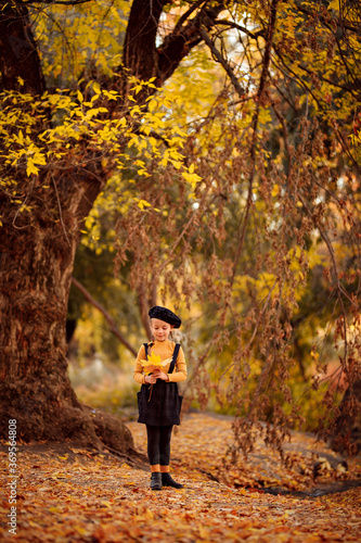 girl with yellow leaves in hands in an autumn Park © andrey