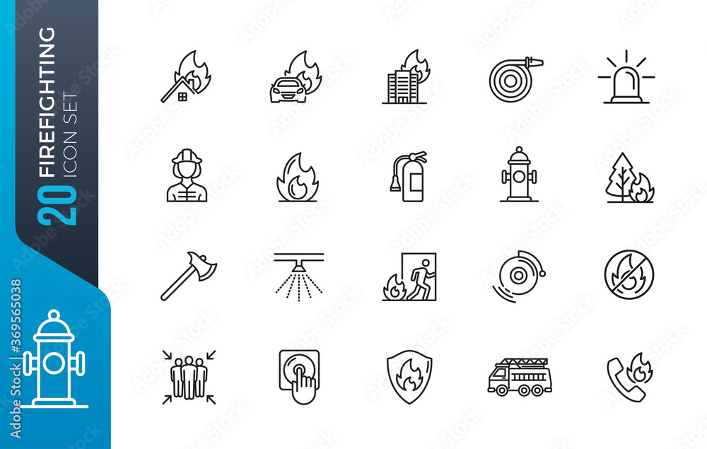 Set of Firefighter Line Icons. Fireman, Evacuation Plan, Hydrant and more. Set of Firefighter Line Icons. Fireman, Evacuation Plan, Hydrant and more.